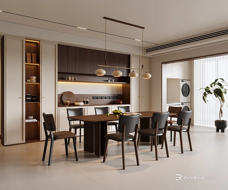 Modern Restaurant Interior Design With Dining Table Chairs And Pendant Lights 3d model