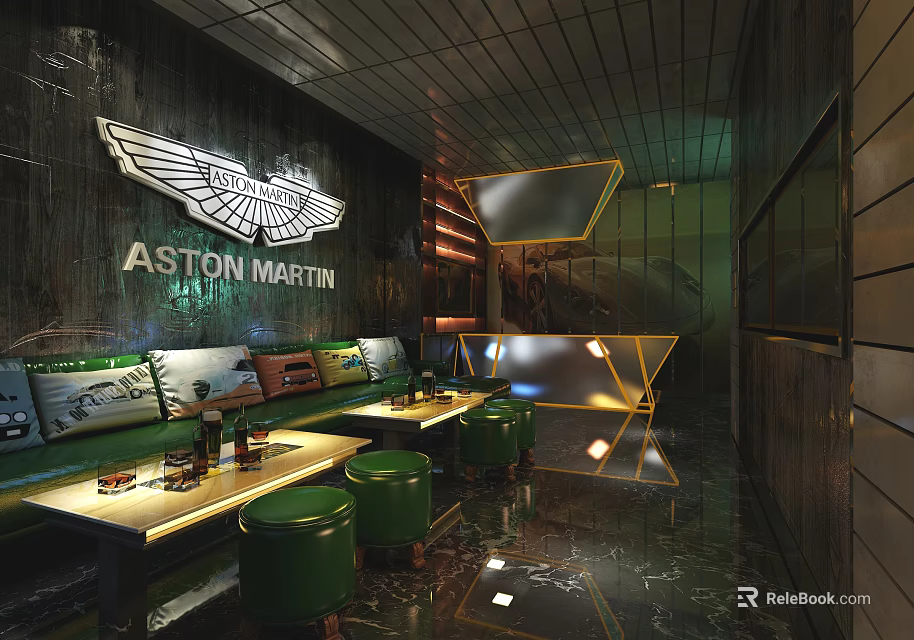 Aston Martin KTV Interior With Modern Decor Green Stools Tables Screens Wall Logo Lighting Effects 3d model 