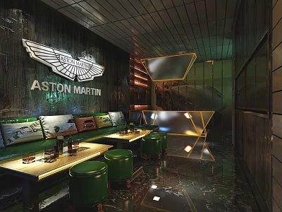 Aston Martin KTV Interior With Modern Decor Green Stools Tables Screens Wall Logo Lighting Effects 3d model