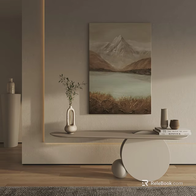 Elegant Landscape Painting With Mountain Lake And Vase On Console Table By Light Wall 3d model 