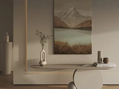 Elegant Landscape Painting With Mountain Lake And Vase On Console Table By Light Wall 3d model