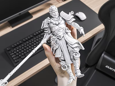 Detailed Armored Warrior Sculpture Carving With Long Staff Held In Hand On Office Desk 3d model