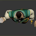 3D Male Character In Green White Outfit Yellow Pants Holding Tray With Cups And Sword