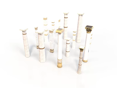 Collection Of Classical Architectural Columns In Various Styles With White And Golden Accents 3d model