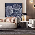 Modern Beige Sofa And White Coffee Table Set With Cushions Abstract Painting And Pendant Light