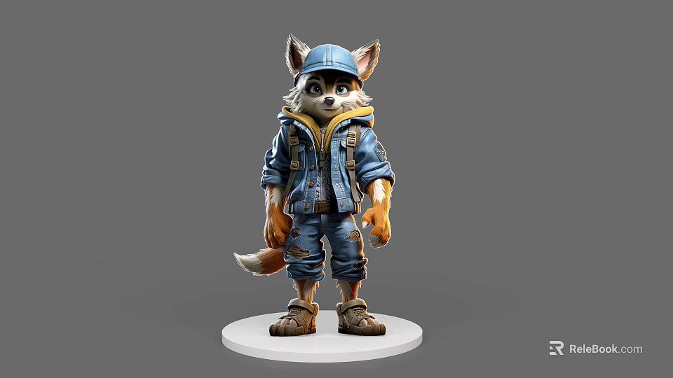 Cute Fox Cartoon Character with Blue Jacket Overalls Hat and Backpack on White Base 3d model 