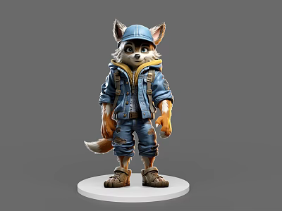 Cute Fox Cartoon Character with Blue Jacket Overalls Hat and Backpack on White Base 3d model