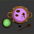 Enchanted Cauldron Setup With Golden Tripod Green Pot Stones And Wooden Spoon