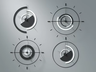Four Modern Geometric Clocks With Minimalist Black And White Circular Design 3d model
