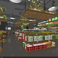 Bright Fruit Supermarket Interior With Fresh Fruits And Packaged Boxes On Shelves
