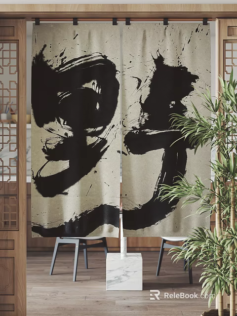 Abstract Black Brushstroke Pattern Curtain On Beige Background With Green Plants And Chinese Lattice Window 3d model 