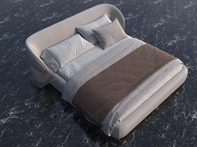 Modern Double Bed With Curved Headboard Light Gray Frame Brown Bedding And Gray Pillows 3d model