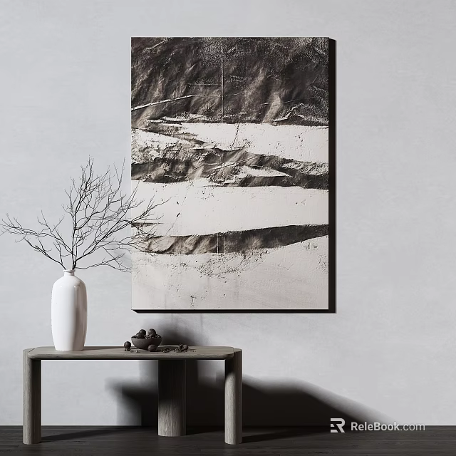 Abstract Black White Wall Art With White Vase Branches On Small Table 3d model