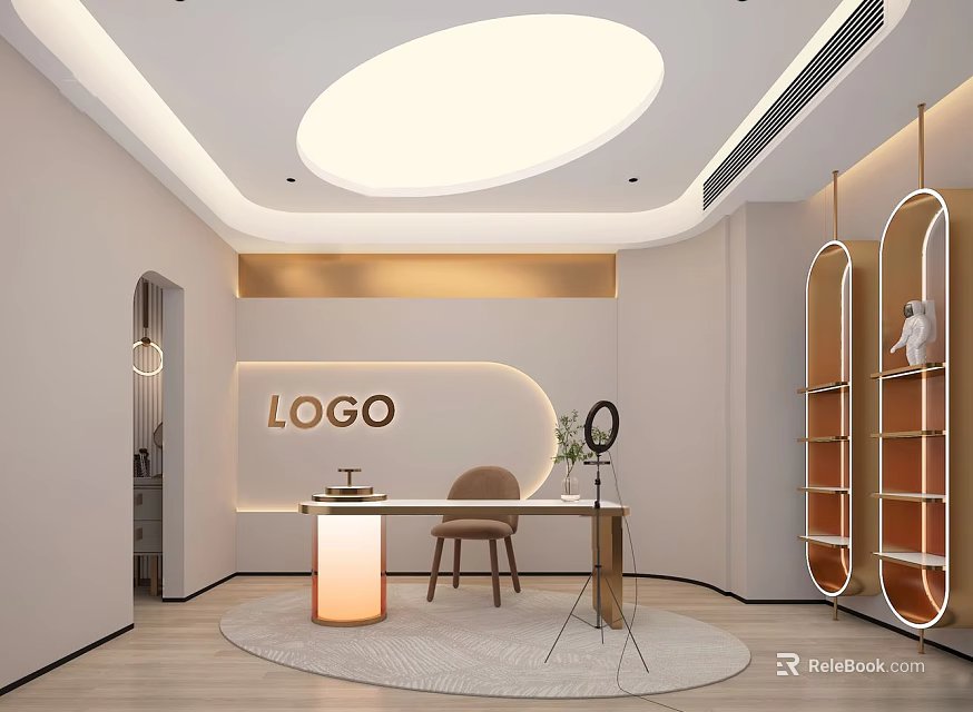 Modern Public Office Space With Logo Wall Desk Chair Round Rug And Curved Bookshelves 3d model 