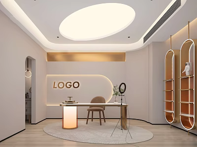 Modern Public Office Space With Logo Wall Desk Chair Round Rug And Curved Bookshelves 3d model