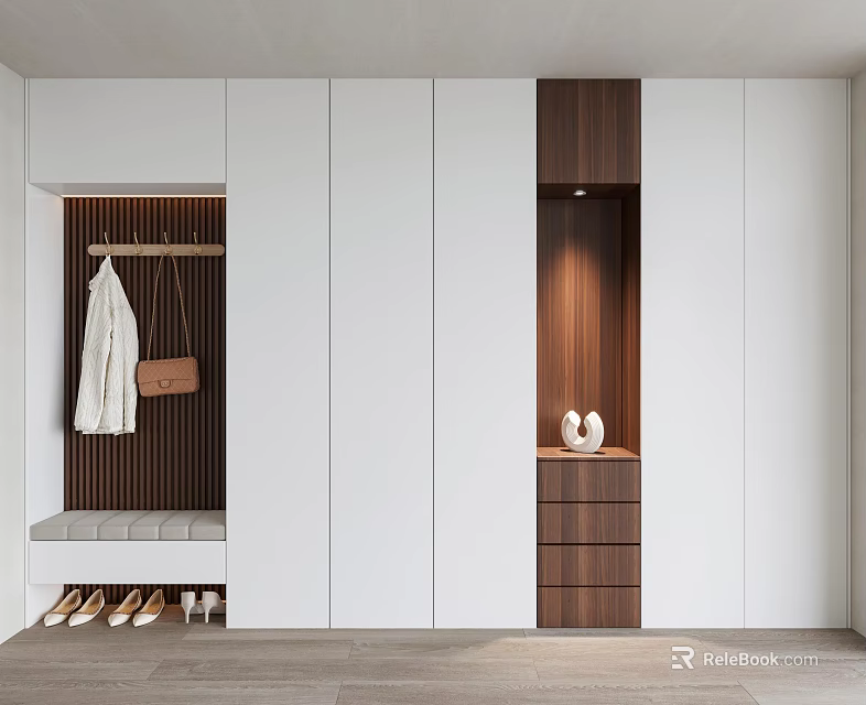 Modern Shoe Cabinet Featuring White And Wooden Design With Coat Hanging Area And Shoe Storage 3d model 