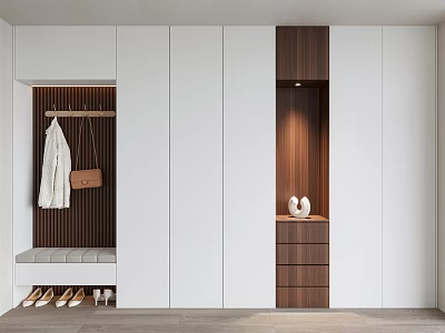 Modern Shoe Cabinet Featuring White And Wooden Design With Coat Hanging Area And Shoe Storage 3d model