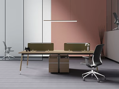 Modern Office Desk With Green Privacy Screens Drawer Cabinet Office Chair And Pink Wall 3d model