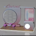 Cosmetics Booth Display With Round Mirror Pink Stools And Wooden Base