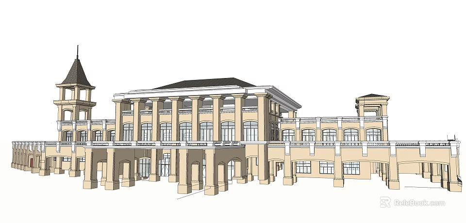 Classical Multi Story Building with Columns Arched Doorways and Symmetrical Design 3d model