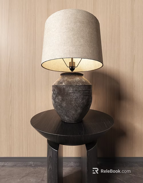 Natural Style Table Lamp With Fabric Shade And Ceramic Base On Round Wooden Table 3d model 