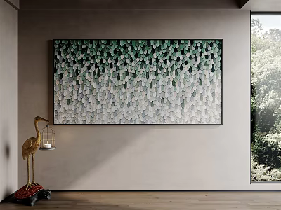 Interior Wall Art With Green White Gradient Painting Golden Crane Decoration And Window Green Plants 3d model