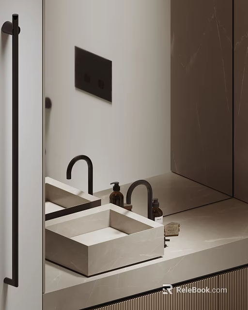 Modern Bathroom Washbasin With Black Faucet Marble Countertop And Brown Bottles 3d model 
