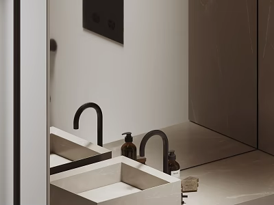 Modern Bathroom Washbasin With Black Faucet Marble Countertop And Brown Bottles 3d model