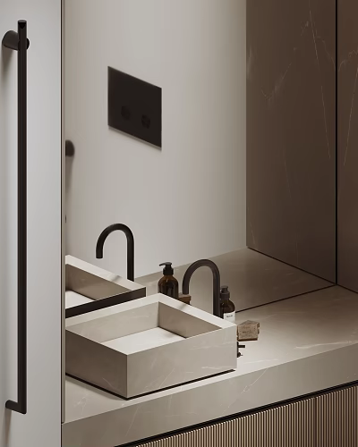 Modern Bathroom Washbasin With Black Faucet Marble Countertop And Brown Bottles 3d model