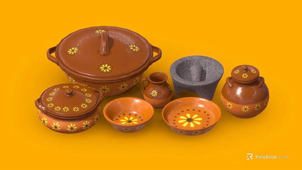 Brown Kitchenware With Yellow Floral Patterns Including Pot Mortar Jug And Bowls 3d model 