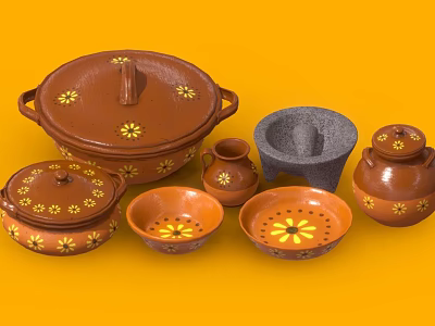 Brown Kitchenware With Yellow Floral Patterns Including Pot Mortar Jug And Bowls 3d model