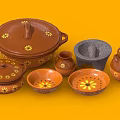 Brown Kitchenware With Yellow Floral Patterns Including Pot Mortar Jug And Bowls