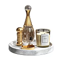 Elegant Modern Decorative Ornament Set With Golden Tray Scented Candle And Perfume Bottle