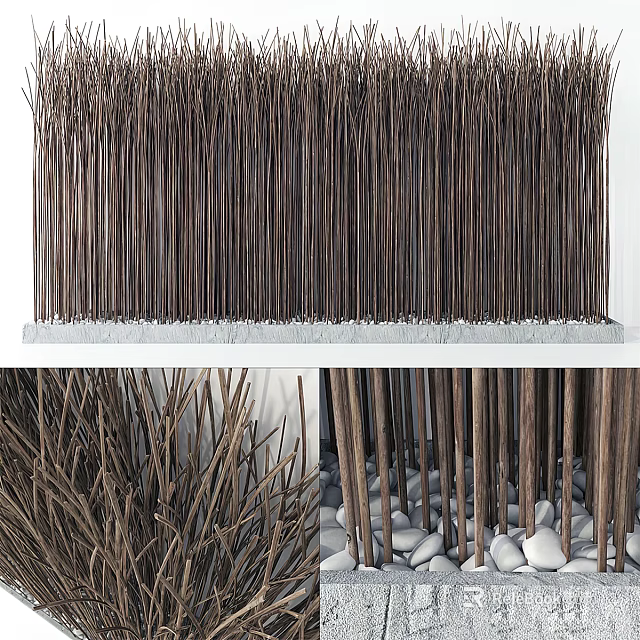 Bamboo Sticks Decorative Wall Design With Natural Arrangement And Pebble Base 3d model 