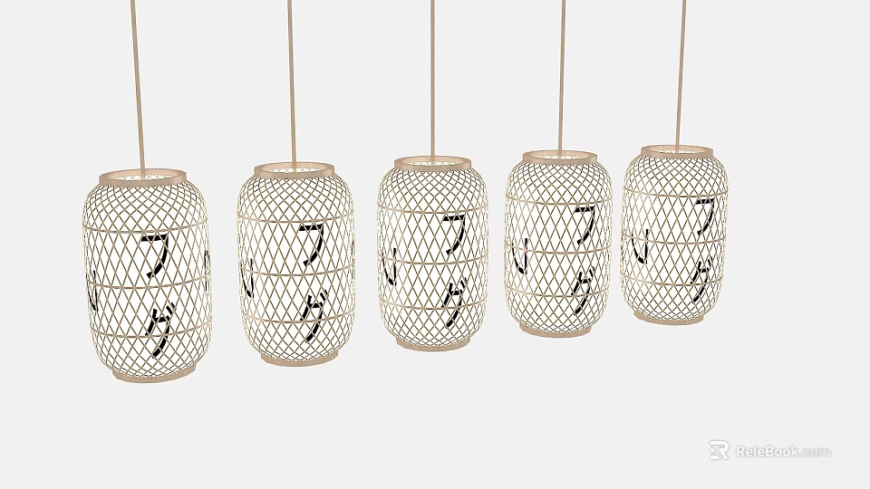 Traditional Japanese Style Hanging Lanterns With Woven Design And Characters 3d model 