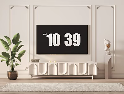 Modern White TV Stand With TV On Top Green Plant And White Sculpture 3d model
