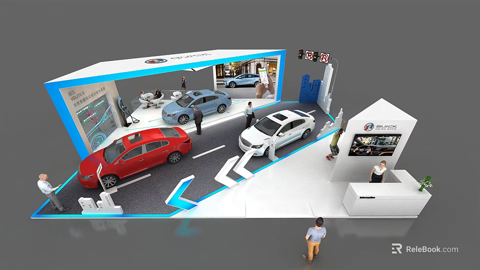 Exhibition Booth Displaying Red White Blue Cars With Staff In Auto Show Area 3d model 