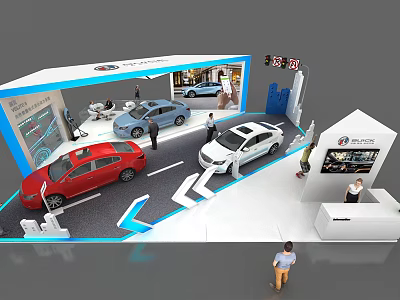 Exhibition Booth Displaying Red White Blue Cars With Staff In Auto Show Area 3d model