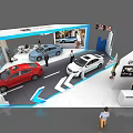 Exhibition Booth Displaying Red White Blue Cars With Staff In Auto Show Area