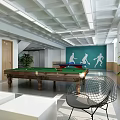 Leisure Area with Modern Pool Table Green Accent Wall Silhouette Figures Plants and Comfortable Chair
