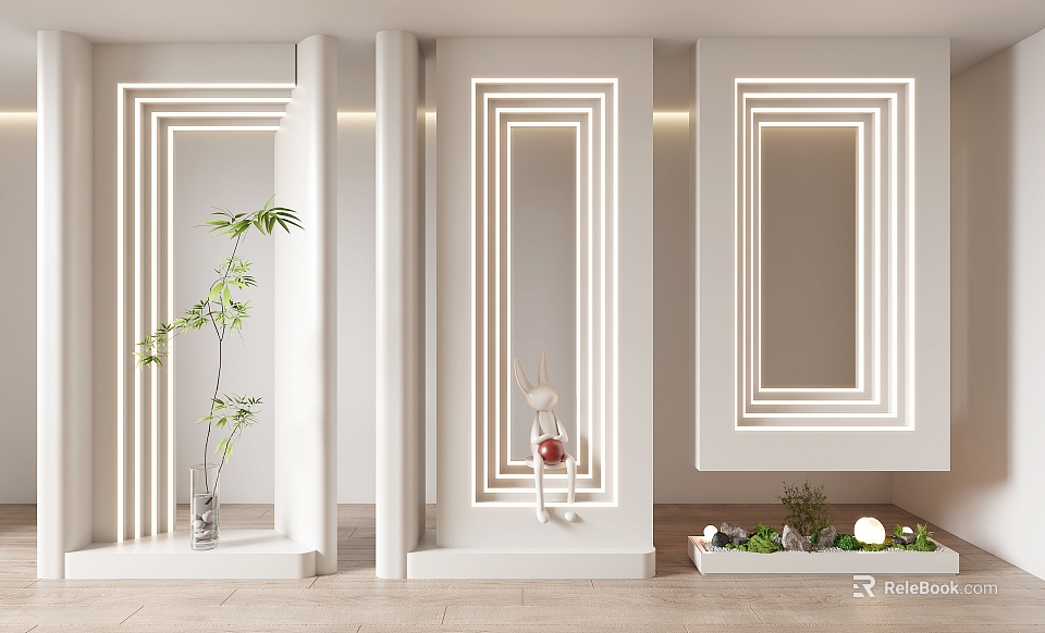 Modern White Room Partitions With LED Light Strips Rabbit Decor And Greenery Plants 3d model 