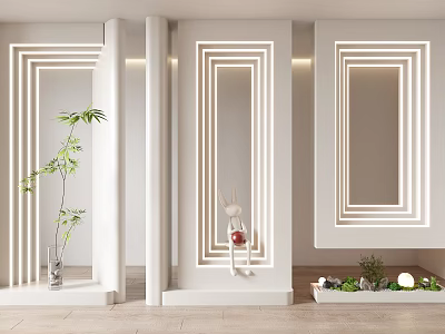 Modern White Room Partitions With LED Light Strips Rabbit Decor And Greenery Plants 3d model