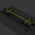 Industrial Flatbed Railcar With Metal Frame And Wheels On Railway Tracks