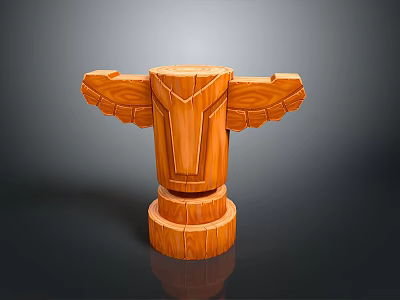 Scenic Landscape With Handcrafted Wooden Totem Pole And Winged Carvings 3d model