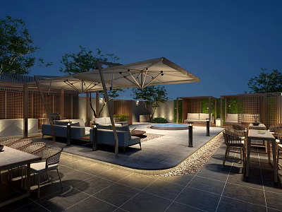 Garden Landscape Design With Night View Canopy Sofa Seating Dining Tables And Ambient Lighting 3d model