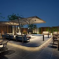 Garden Landscape Design With Night View Canopy Sofa Seating Dining Tables And Ambient Lighting