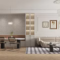 Modern Living and Dining Room with White Paneled Walls Chandelier Round Table and Checkered Rug
