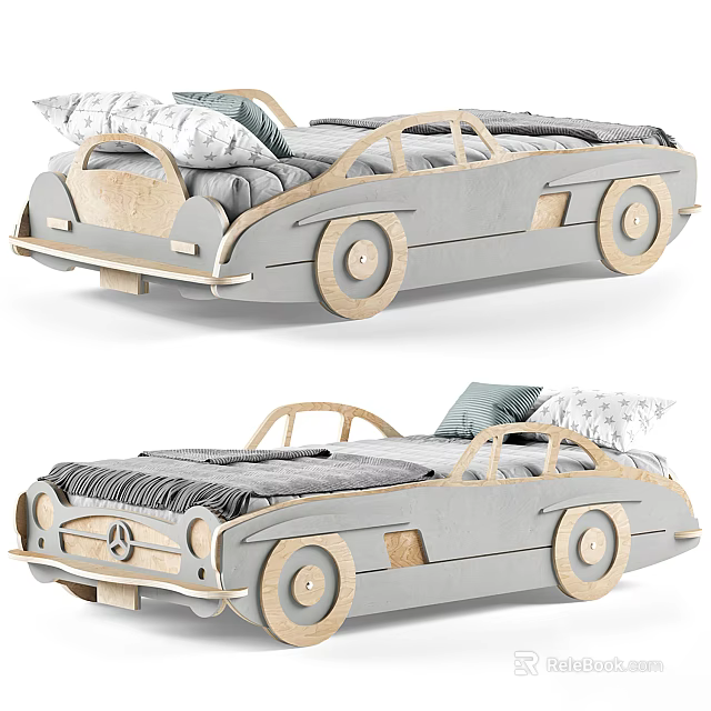 Gray Car Shaped Kids Bed With Wooden Wheels And Comfortable Mattress 3d model 
