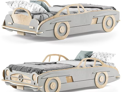 Gray Car Shaped Kids Bed With Wooden Wheels And Comfortable Mattress 3d model