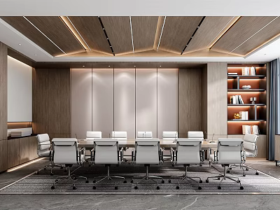 Modern Conference Room Interior With Long Table Ergonomic Chairs And Wooden Bookshelves 3d model